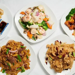 Fried dumplings, seafood delight, sesame chicken dinner combo, beef ho fun, &amp; salt/spice pork chops.