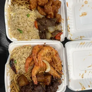 Half Chow Mein, Half Fried Rice, Orange Chicken, Mongolian Beef, Salt and Pepper Shrimp, Beijing Beef
