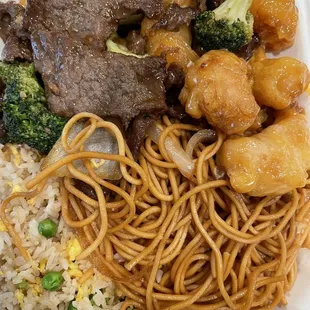 Orange chicken, Beef Broccoli, fried rice and noodles.