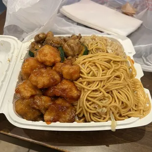 Orange chicken, chicken and mushroom, noodles and rice.