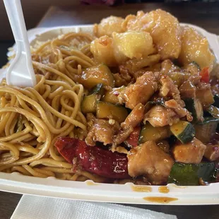 Kungpow chicken  and walnut chicken with noodles and rice