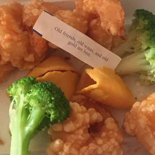 Food porn I created with delicious shrimp and fortune cookie