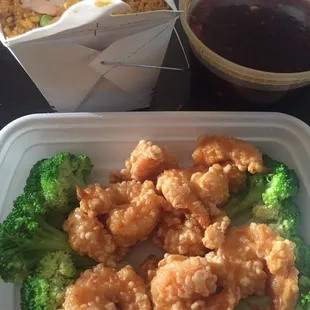 Special request of sweet and sour shrimp with general tso sauce on the side and shrimp fried rice