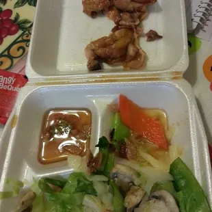 All the fat removed from the teryaki chicken, and the veggies.