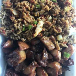 Bourbon chicken and spicy chicken fried rice