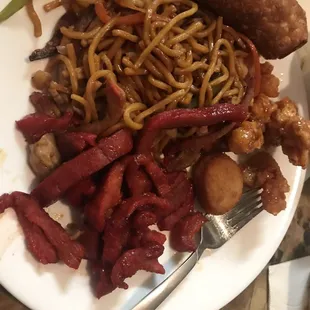 Szechuan lo mein, boneless bbq ribs, honey chicken and egg roll...
