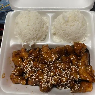 Sesame chicken with steamed riced