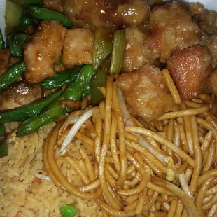 Orange chicken, Green bean chicken rice and chow mein (large portions).