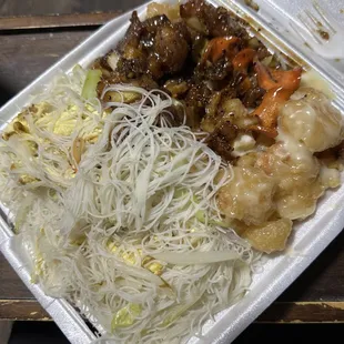 Combo B: Rice Noodles, Honey Pepper Chicken (left), Coconut Shrimp (right)