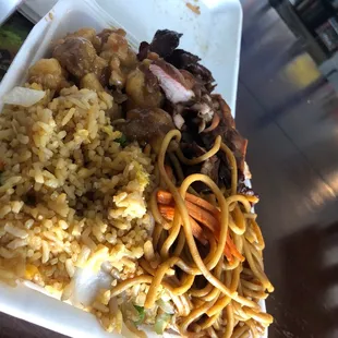 Orange chicken, teriyaki chicken, half and half.