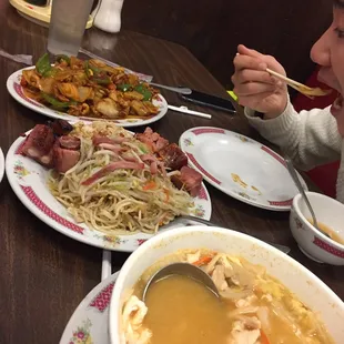 Hot and sour soup, spareribs combo,  kung pao chicken. Cheap with huge portions. Dishes are different but taste ok