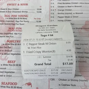 Menu and receipt