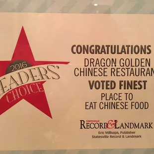 2016 Award for "Place to eat Chinese Food"