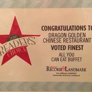 2016 Award for "All you can eat buffet"