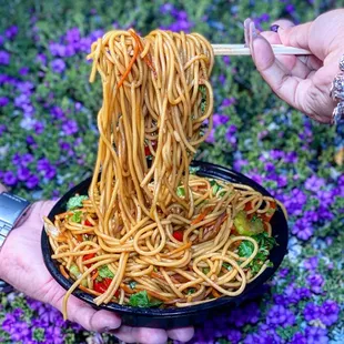 a hand holding a bowl of noodles