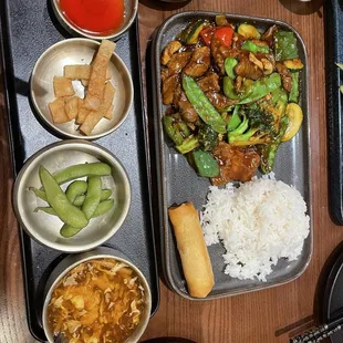 Soup B3. Hot and Sour Soup and A5. Edamame with Sea Salt and my main meal 16. Hunan Beef Lunch Special