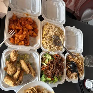 Chicken fried rice, bbq pork fried rice, spicy chicken wings, orange chicken. Broccoli beef.