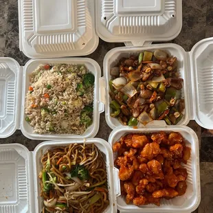 Vegetables, Chame, fried rice, orange chicken, and compound chicken