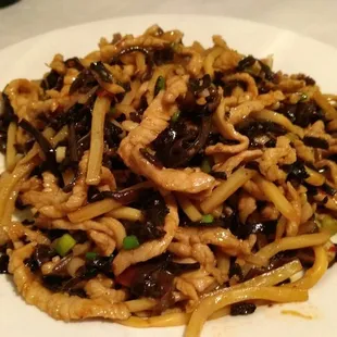 Shredded pork with garlic sauce, from the Chinese menu, including bamboo shoots and wood ear mushrooms.