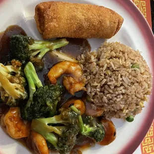 The lunch menu Shrimp w broccoli. Really good sauce- perfectly spiced. Gross egg roll though- weirdly pink colored inside