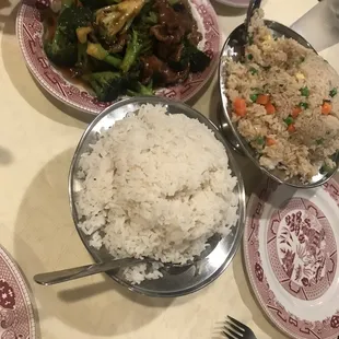 Fried rice white rice and beef and broccoli