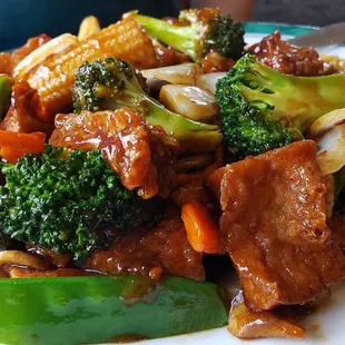 Szechuan vegetables &amp; tofu ($13.50), vegan. Not bad, but tofu was weirdly chewy and oily. Sauce slightly gloopy.