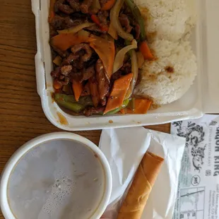Spicy garlic pork lunch combo with hot &amp; sour soup and vegetable spring roll.