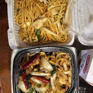 Chicken lo-mein and Hunan chicken.