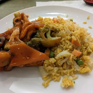 Sezchuan tofu and veggies (great) amd veggie fried rice (bland).