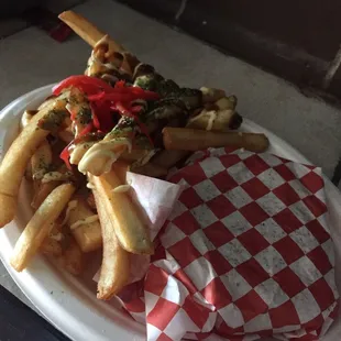 Kaiju burger with okonomiyaki fries