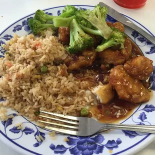 Extra spicy Orange Chicken and fried rice!