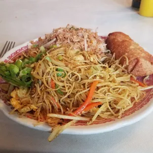 Singapore Noodles, fried rice and an egg roll