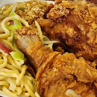 Number 2 combo, garlic chicken, bbq pork chow mein, bbq pork fried rice, and a fortune cookie. Plentiful and delicious.
