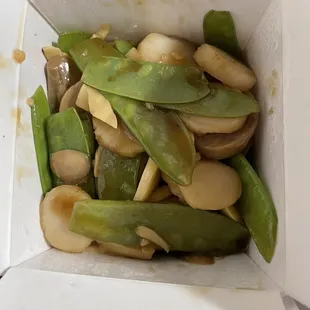 Mushrooms, Bamboo, and Snow Peas (lots of water chestnuts, little bamboo)