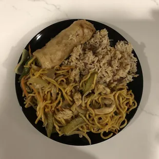 egg roll, pork fried rice, chicken chow mein