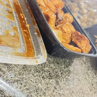 Side view of the amount of tofu in one order of BBQ pork with tofu. If your thing is tofu, then you are in for a treat.