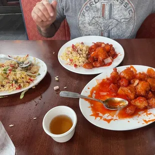 Bbq pork fried rice and sweet and sour chicken. Best my husband has ever tasted!