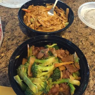 Broccoli beef and chicken chow mein.