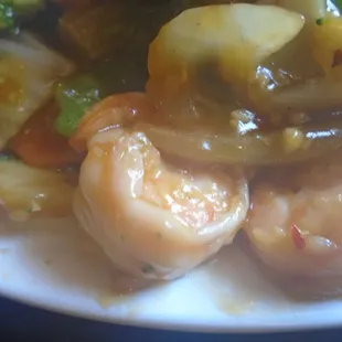 Garlic shrimp stir fry, close-up.