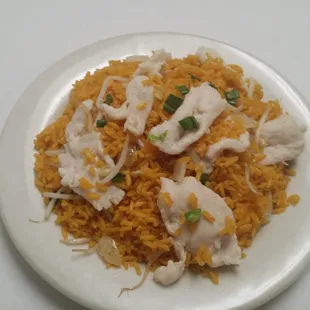 a plate of rice and chicken