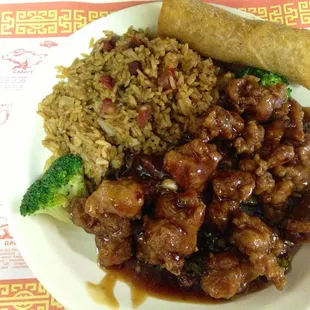 Dinner combination: General Tso chicken with porj fried rice and pizza roll.