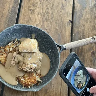 Chicken fried steak horseshoe with beef gravy.