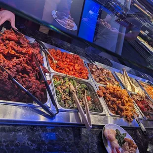 Chicken skewers, Mongolian beef, sesame chicken