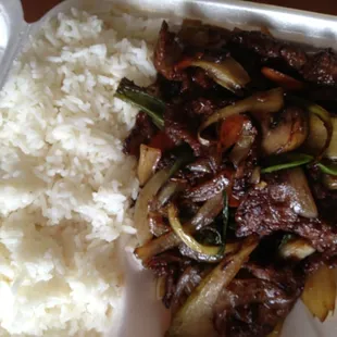 Mongolian Beef &amp; white rice &quot;to go.&quot;