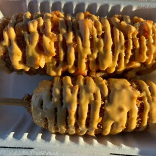 Top: Korean mozzarella dog with potatoes. bottom: Korean 1/2 mozzarella 1/2beef hotdog with hot Cheeto crunch.   *sauce is spicy mayo*