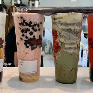 Dragon milk tea, pink dream, matcha lava, lychee dragon