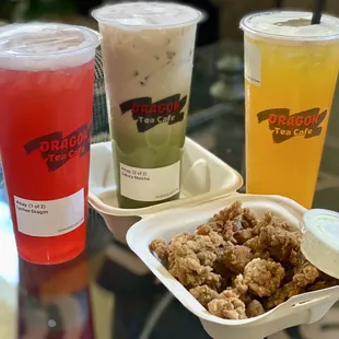 03.25.22 [L-R] Lychee Dragon, Sakura Matcha, Mango Fresh Milk and popcorn chicken