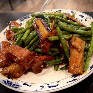 Eggplant, fried tofu, and string beans