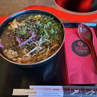 Build your own bowl. Beef broth with chicken and noodles