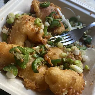 Salted and Pepper Fish Fillet  Fish chunks. Tender moist fish. Seasoned perfectly. Generous portions. Hidden gem.